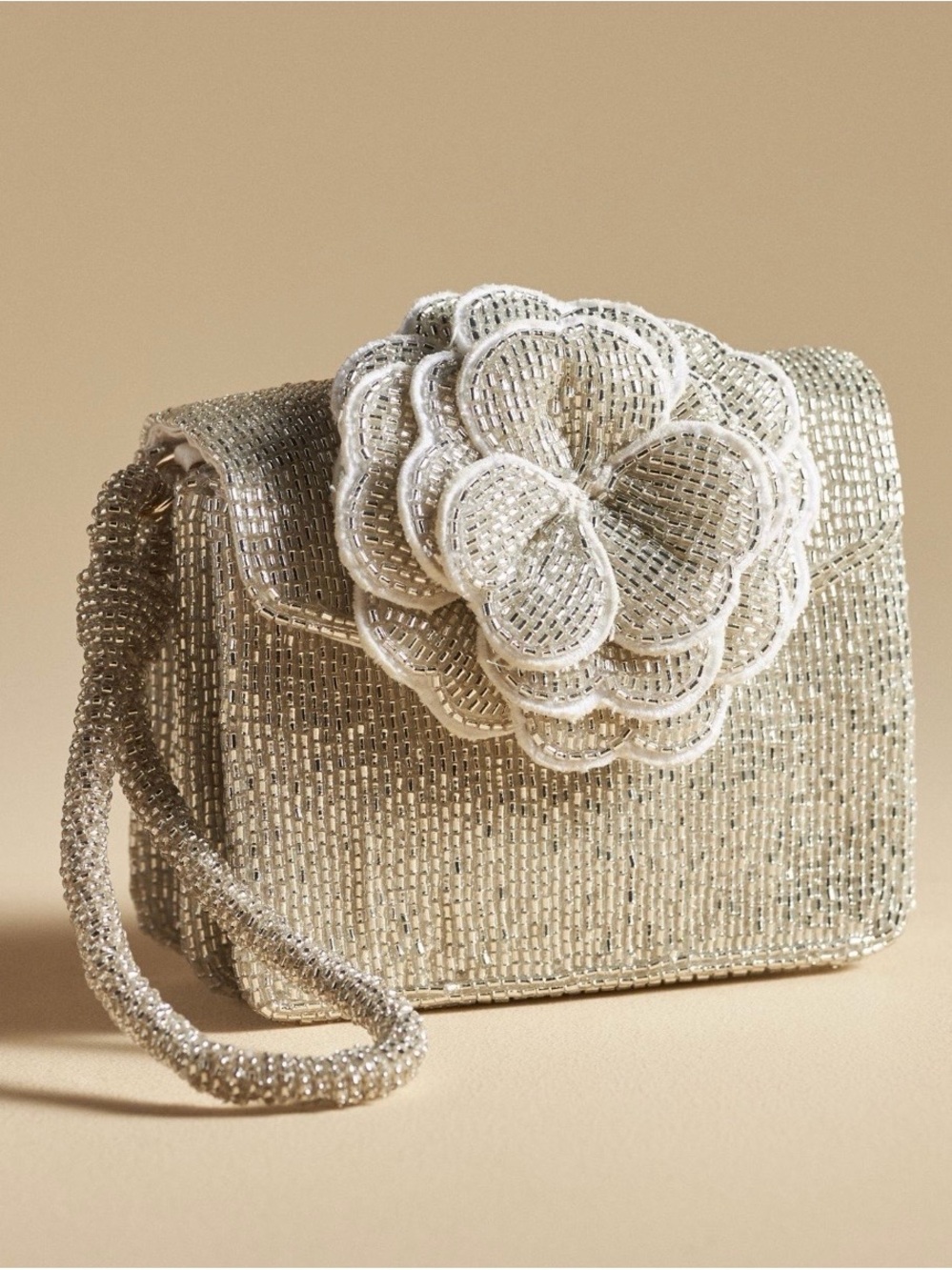 Anthropologie Champagne Beaded Floral wristlet